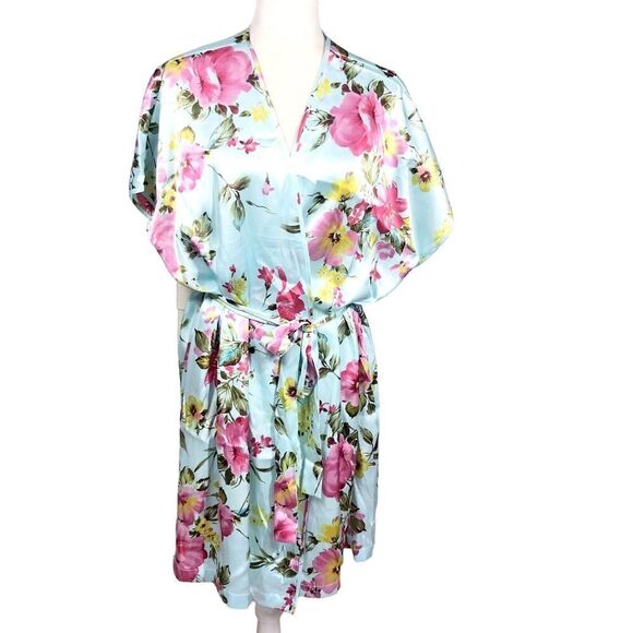 LA Intimates Robe Womens Size 1X Blue Pink Cottagecore Kimono Wrap Silky New - Picture 3 of 8